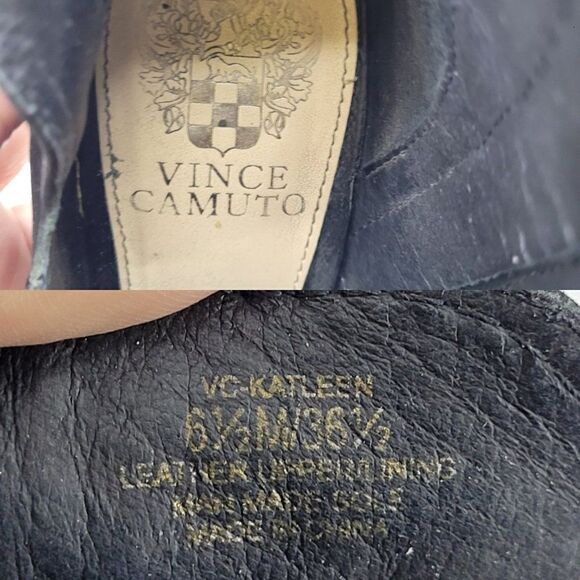 Vince Camuto Ankle Booties 6.5 Black Leather‎ Suede Stacked Block Heel Peep Toe - Picture 3 of 11